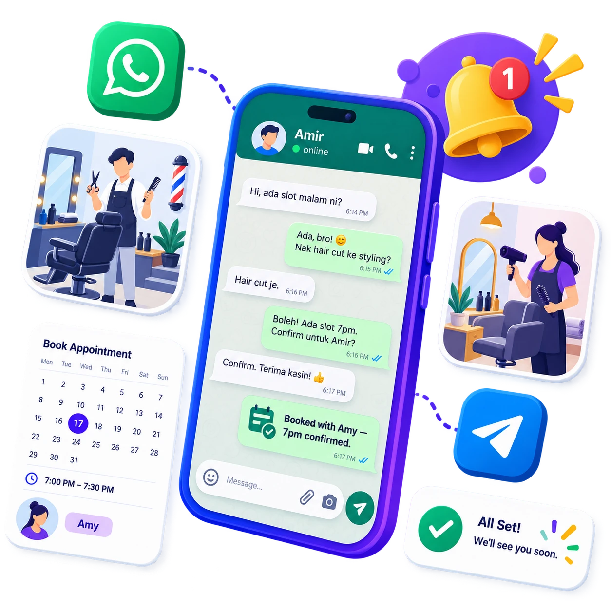 Selesai answering a customer for a salons & barbershops business on WhatsApp